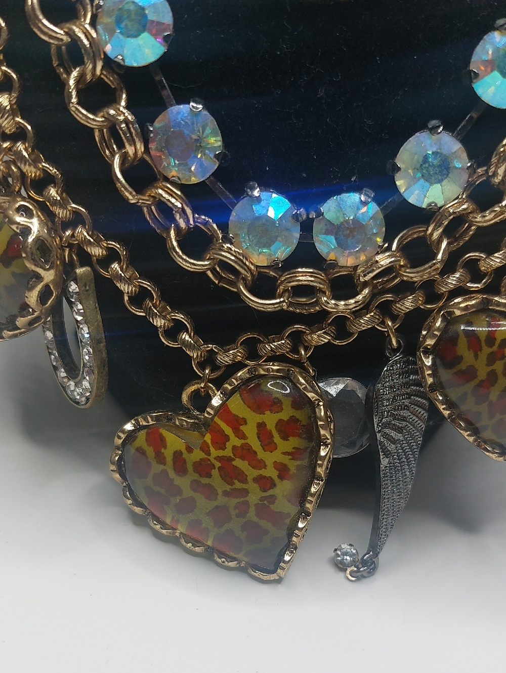 Betsey Johnson Leopard Lucite Puffy Heart Charm 4 Tiered Statement Necklace - Picture 6 of 16
